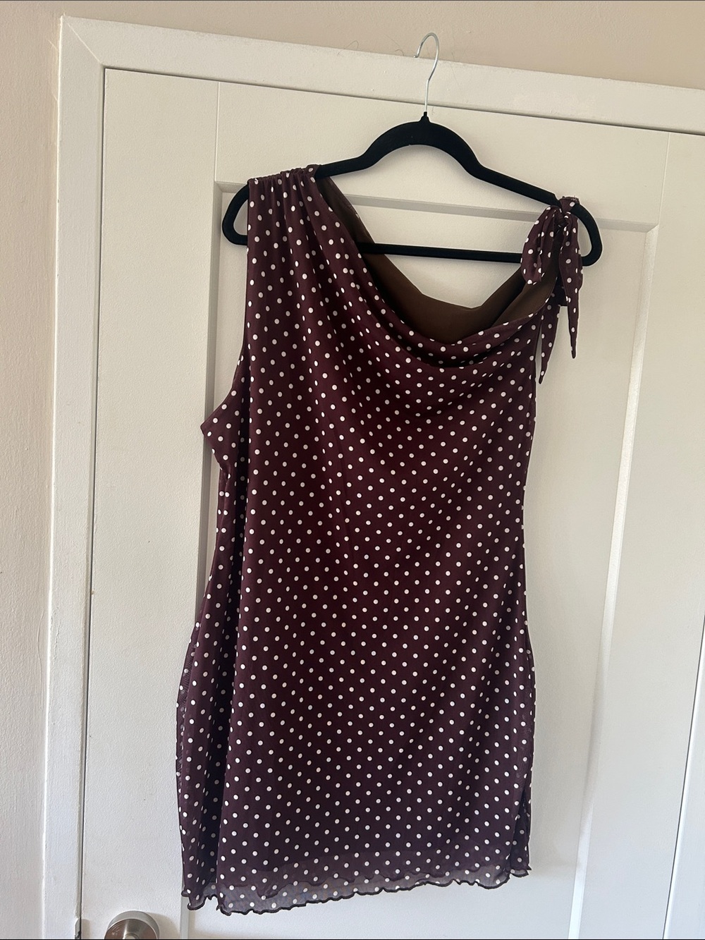 Polka Dot Sleeveless Cowl Neck Dress - Wine